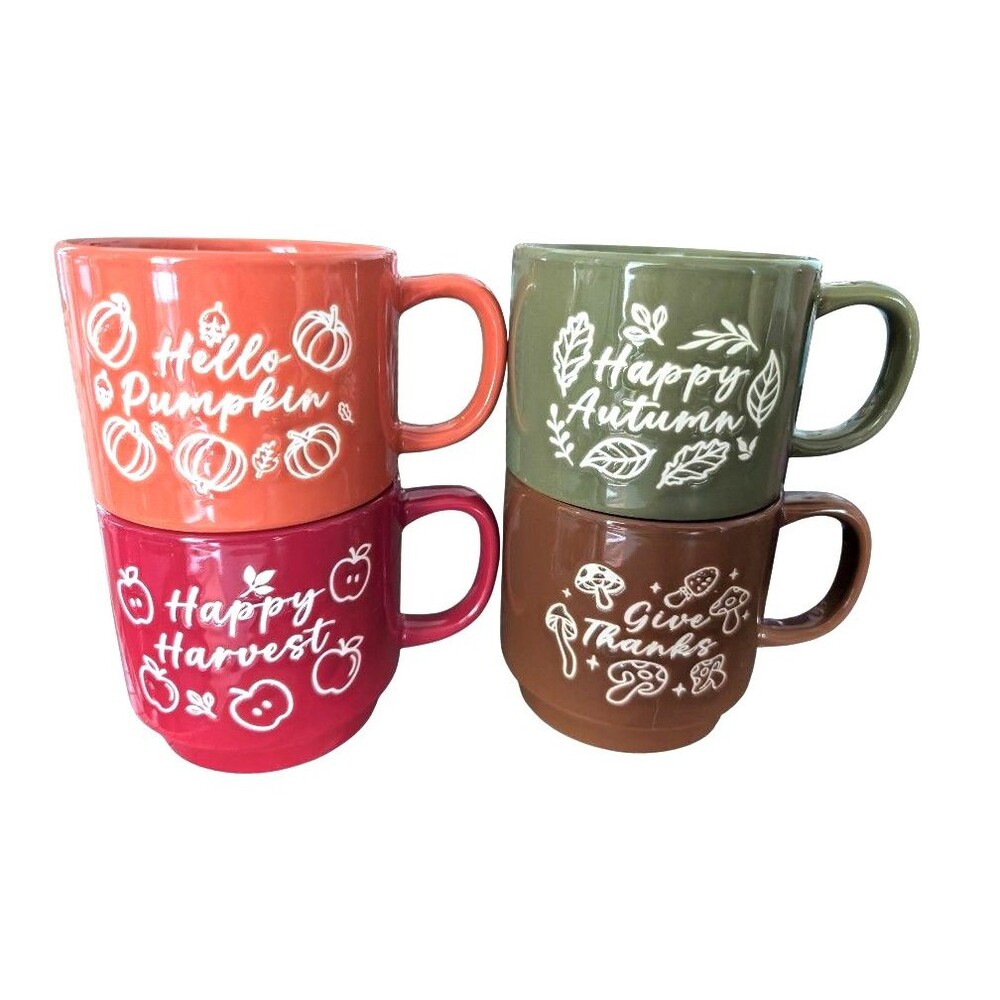 4 Pc Fall Harvest Stacking Coffee Mugs Cups Pumpkin Autumn Apple Mushroom...